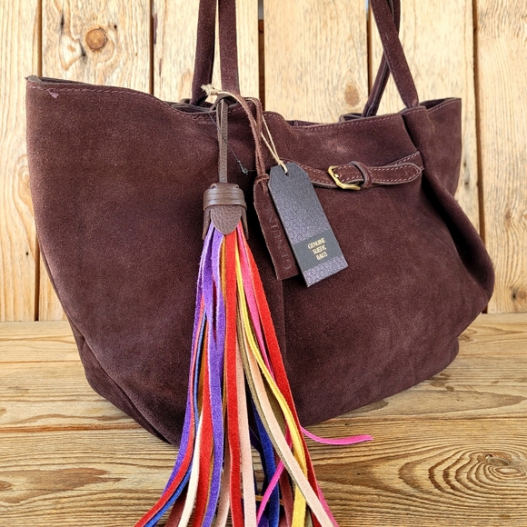 Trendy boutique Handbags - *Rare* Suede Leather Tote Shoulder Handbag With Mutlicolored Leather Tassel NWT